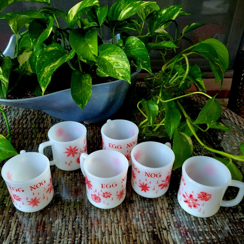 Vintage Fire King Milk Glass Christmas Egg Nog Mugs SET OF 6